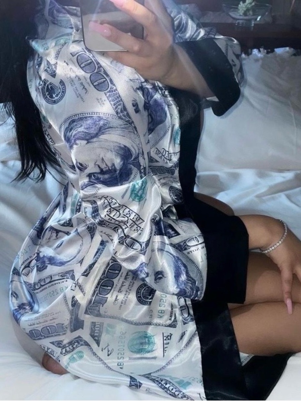 Money Print Satin Robe with Black Trim